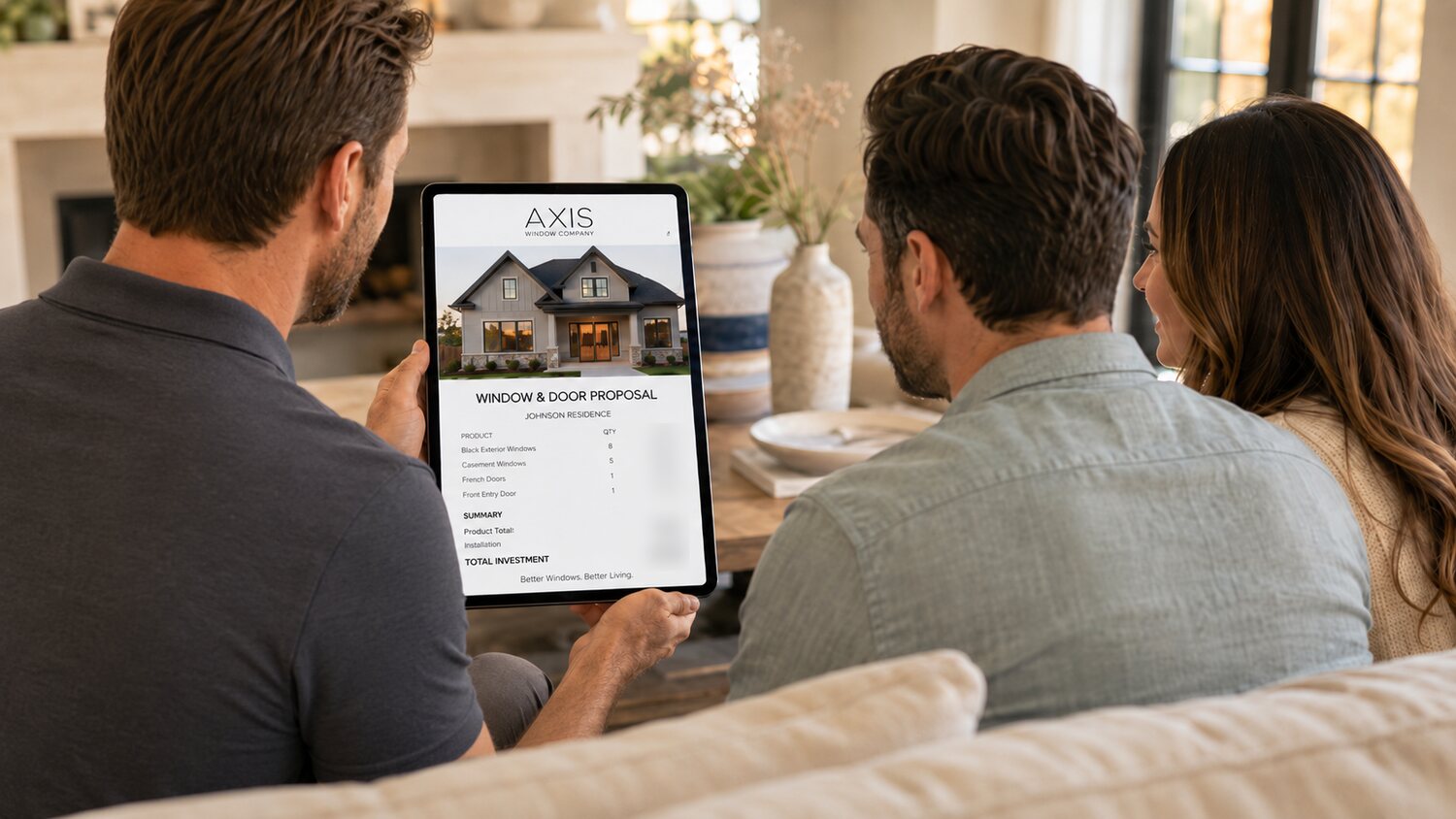 A contractor reviewing a branded window and door proposal on a tablet with homeowners