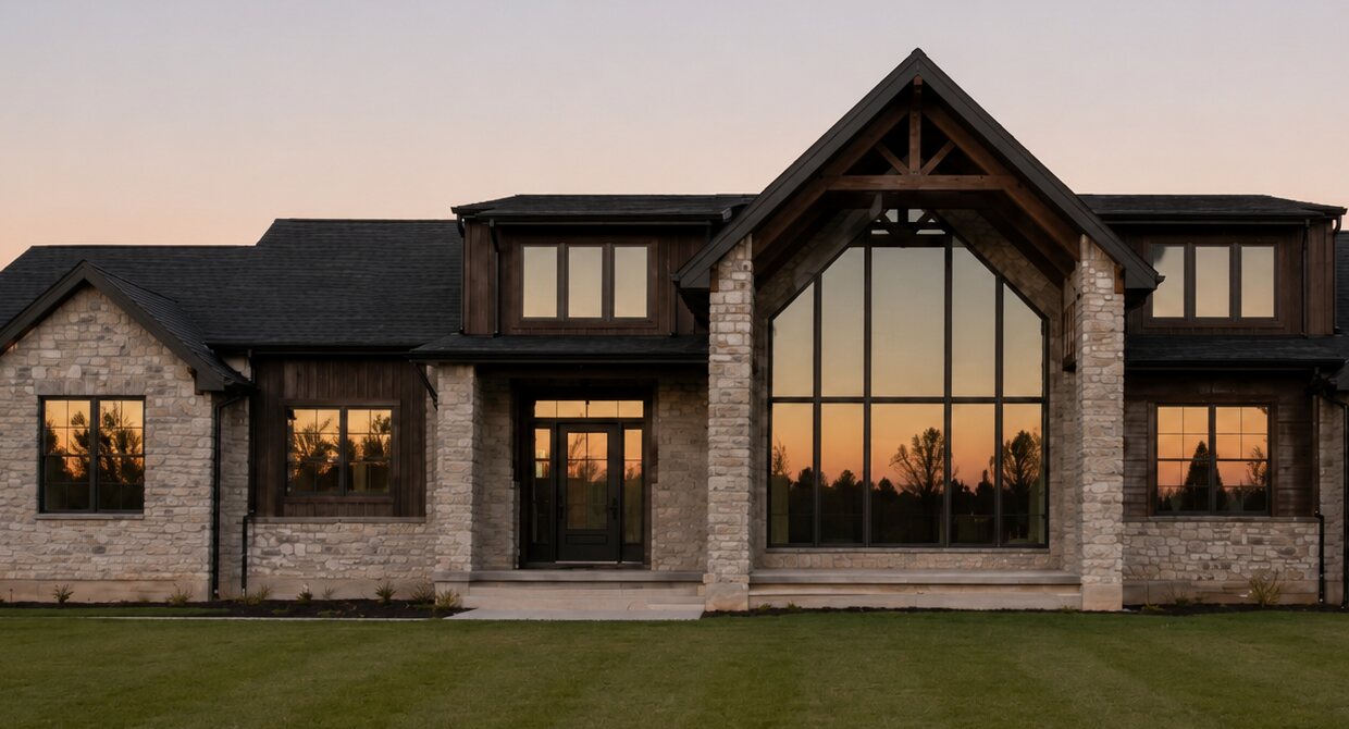 Stone and timber home at dusk with a full-height black aluminum gable window