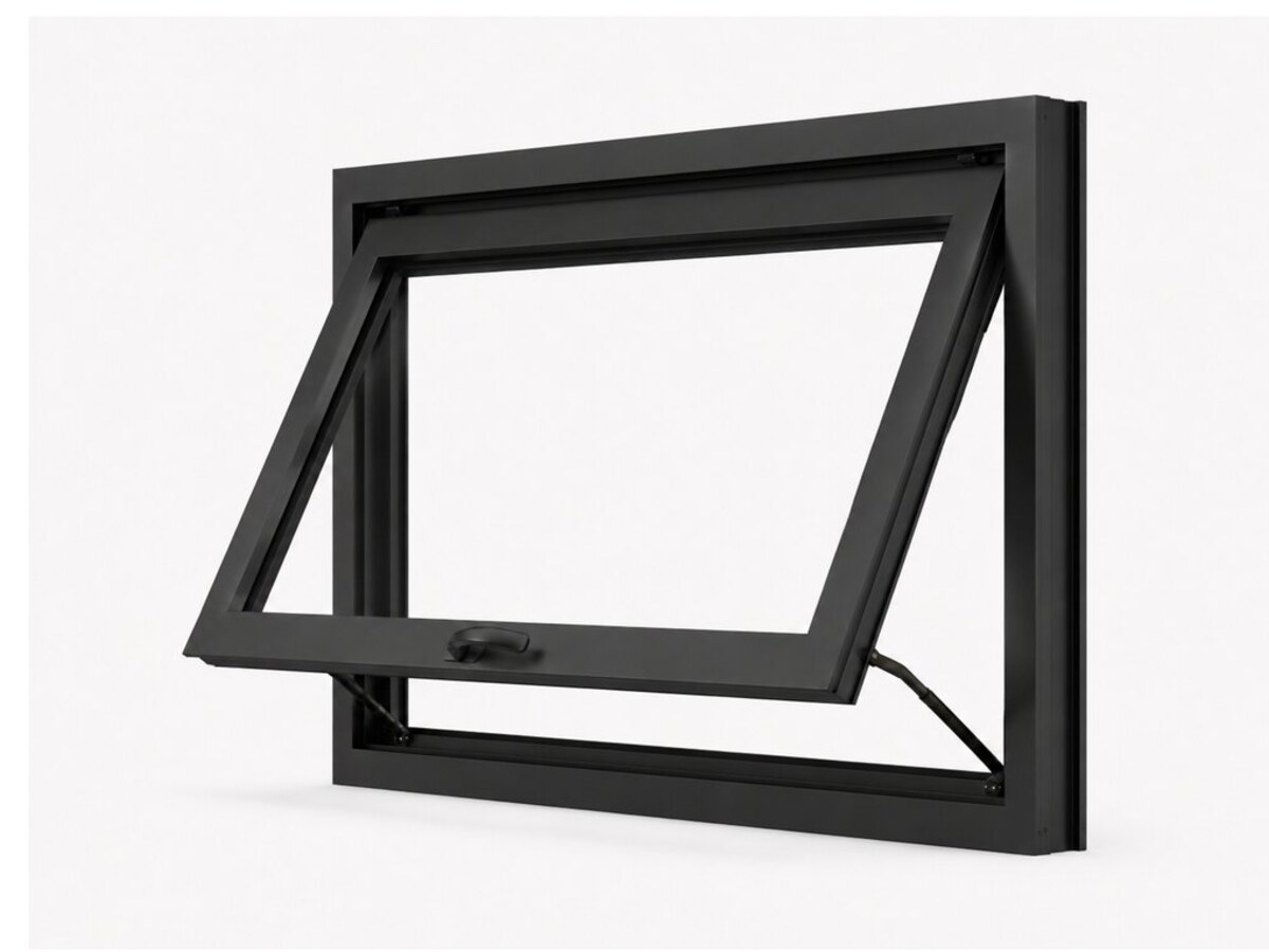 Black aluminum awning window, open, three-quarter view