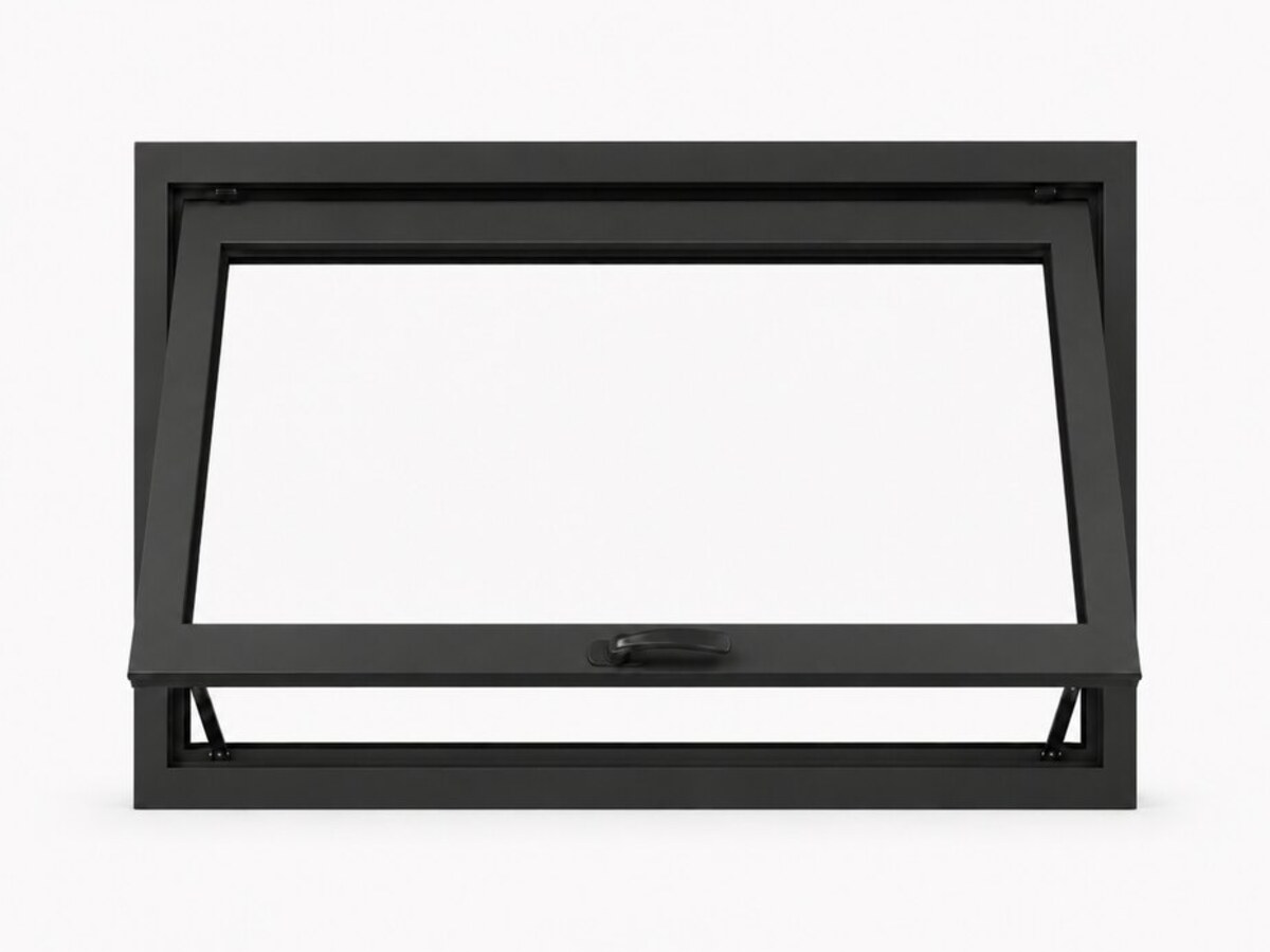 Black aluminum awning window, open, seen head on