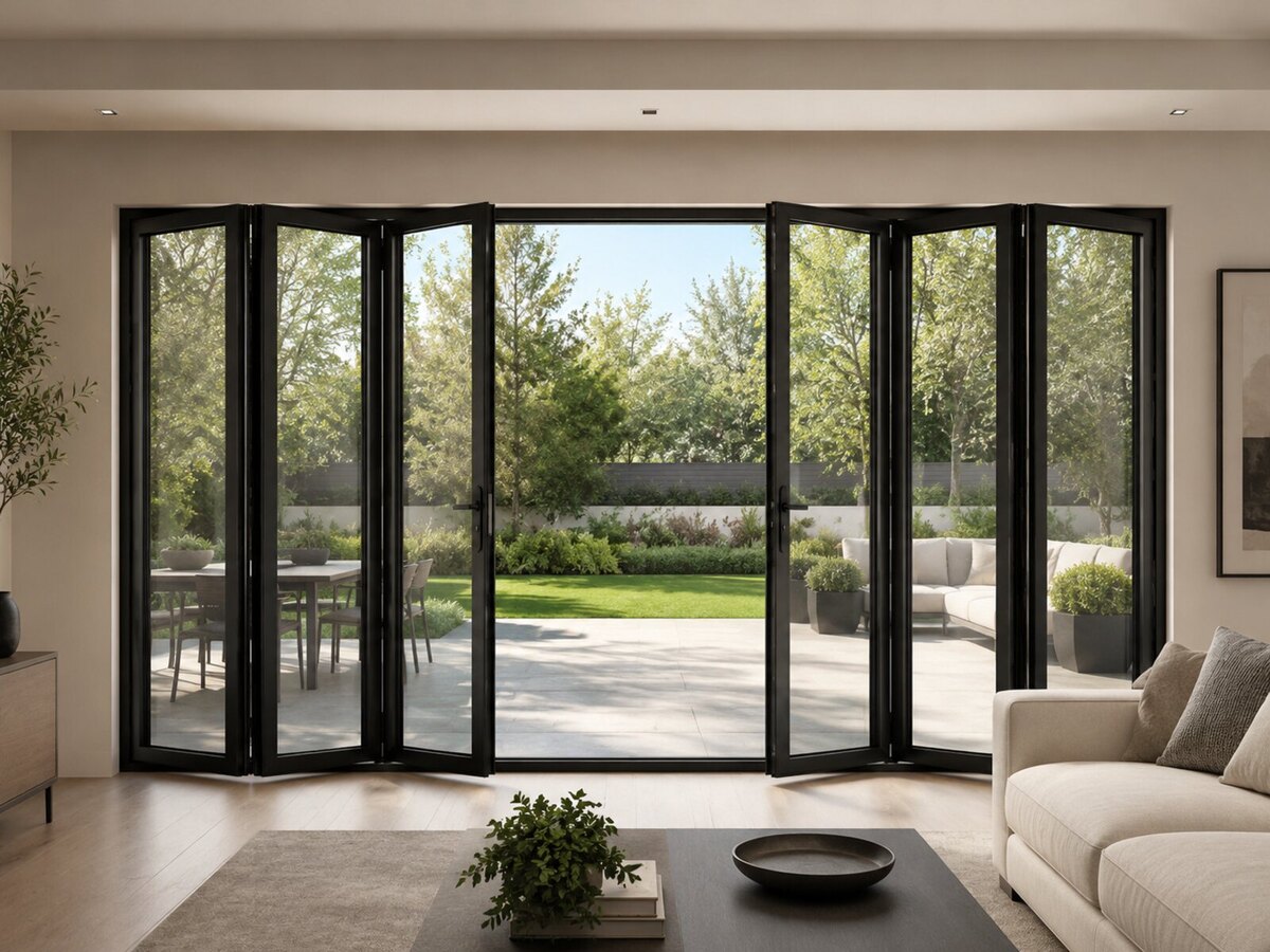 Black bi-fold doors installed in a living room, opened onto a garden