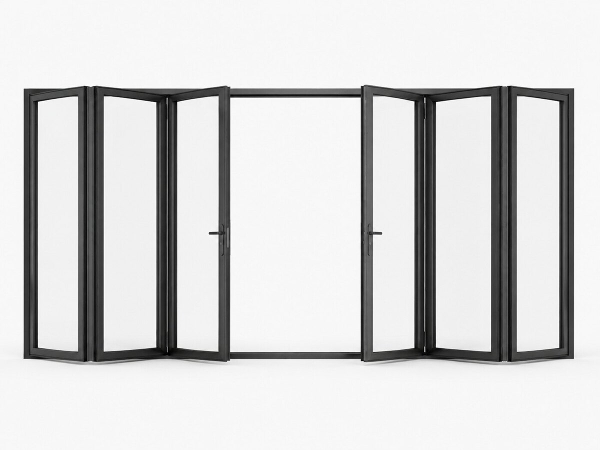 Six-panel black aluminum bi-fold door system, folded open