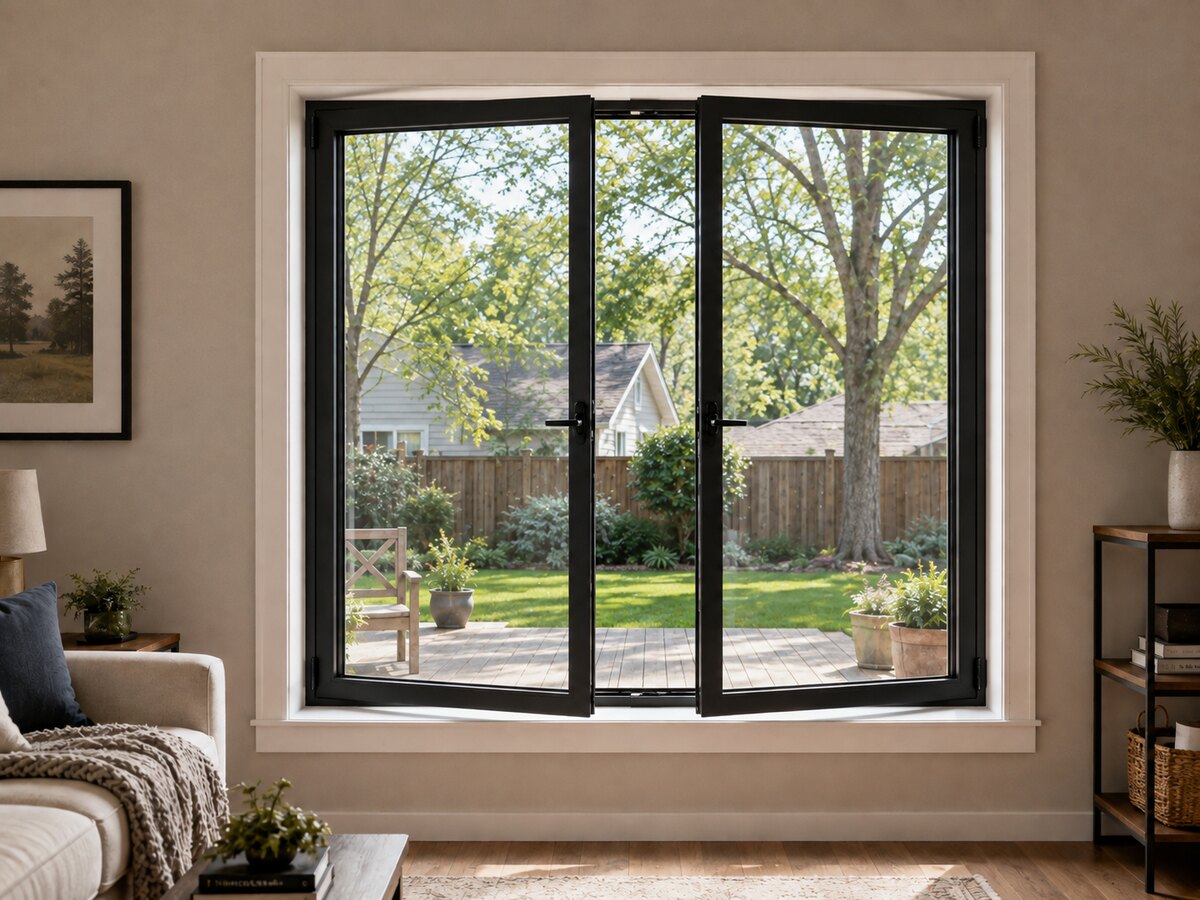 Paired black casement windows opened over a back garden from a living room