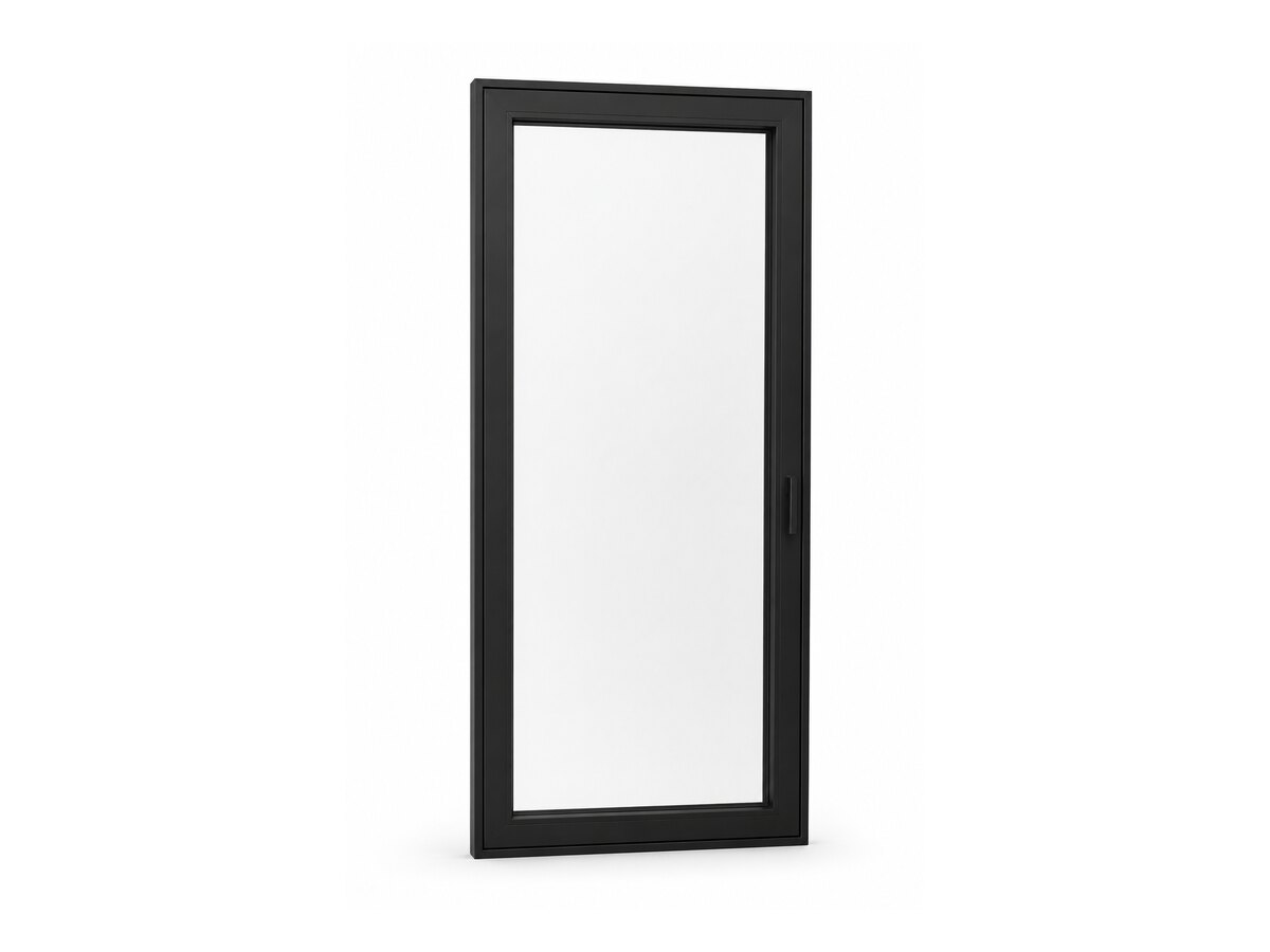 Single black aluminum casement window, three-quarter view