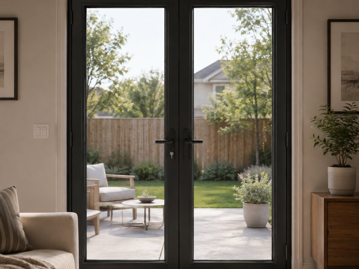 Black French doors with transom seen from inside a living room
