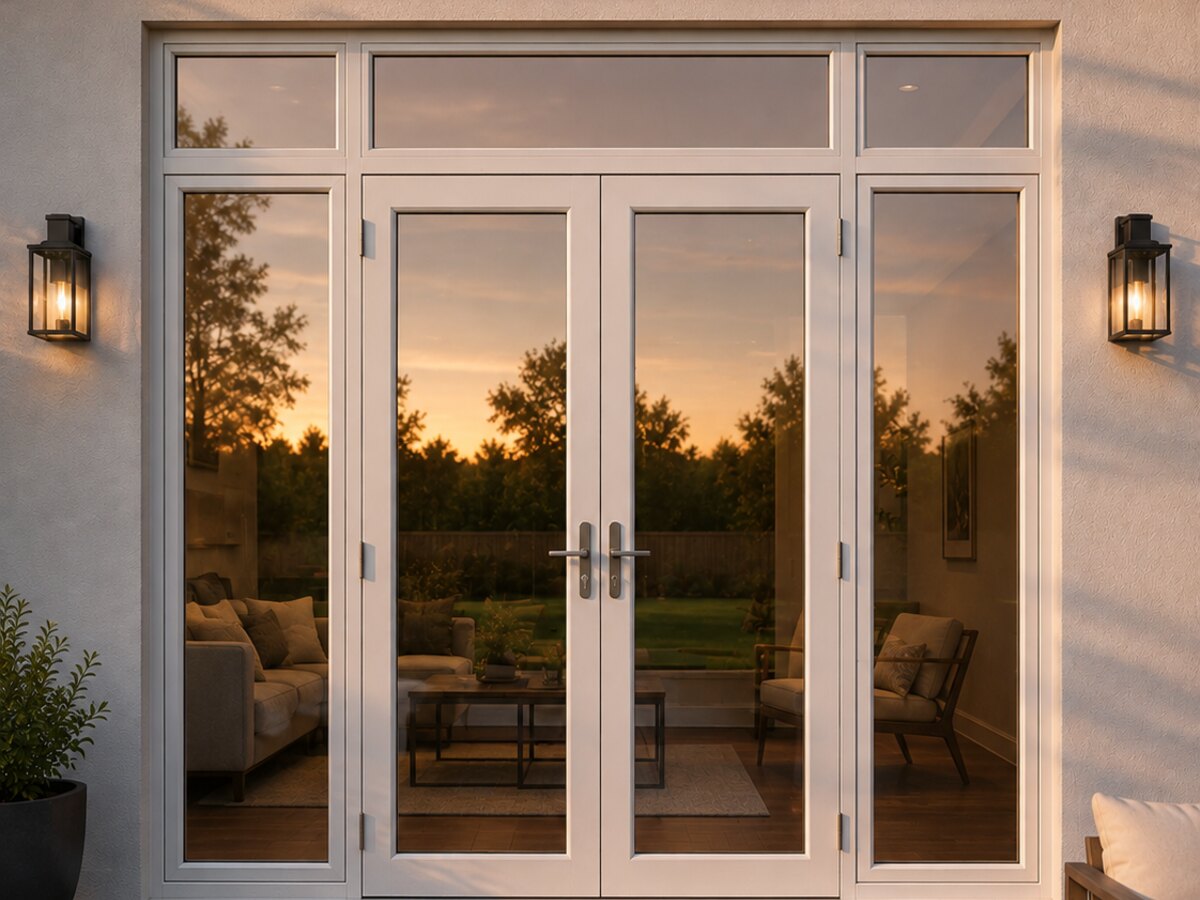 White French doors with sidelights and transoms on a deck at dusk