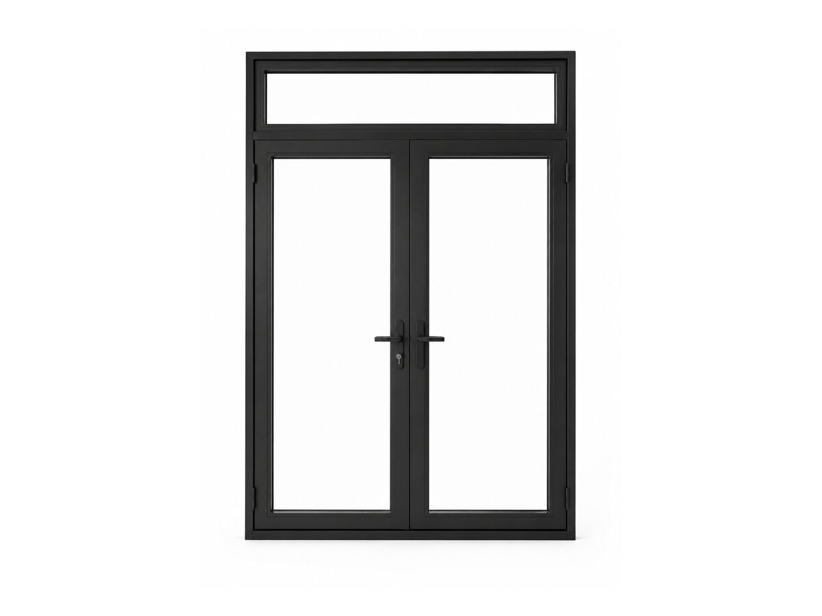 Black aluminum French doors with a transom above