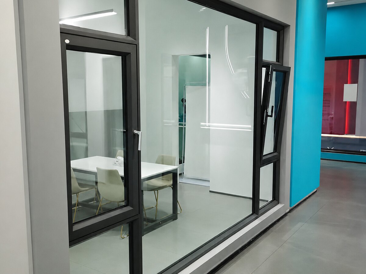 Black-framed glazing and a tilt-and-turn unit in a showroom