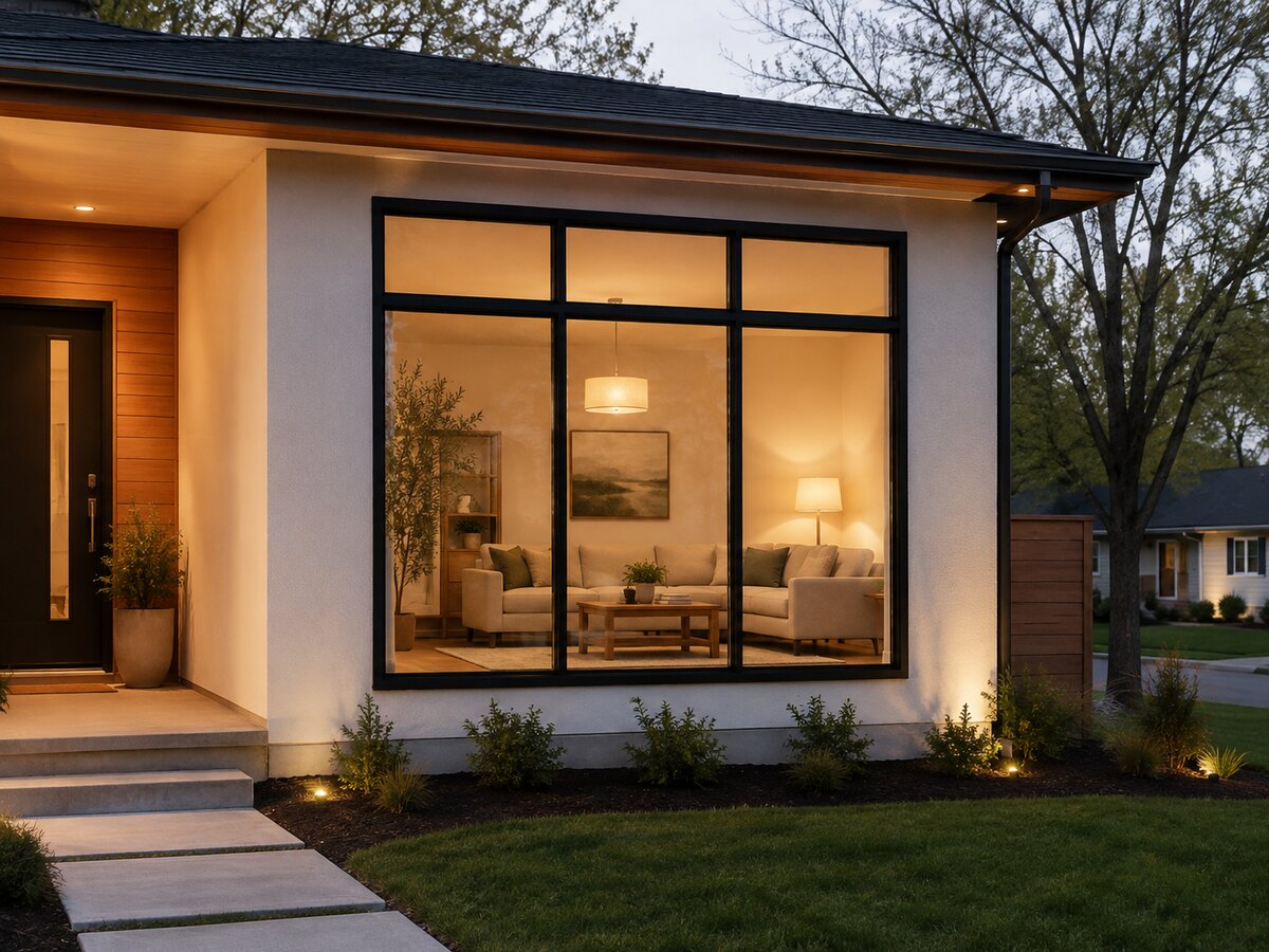 Large black-framed picture window with transoms, lit from inside at dusk